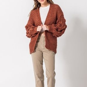 POM BALLOON SLEEVE HAND KNIT CARDIGAN